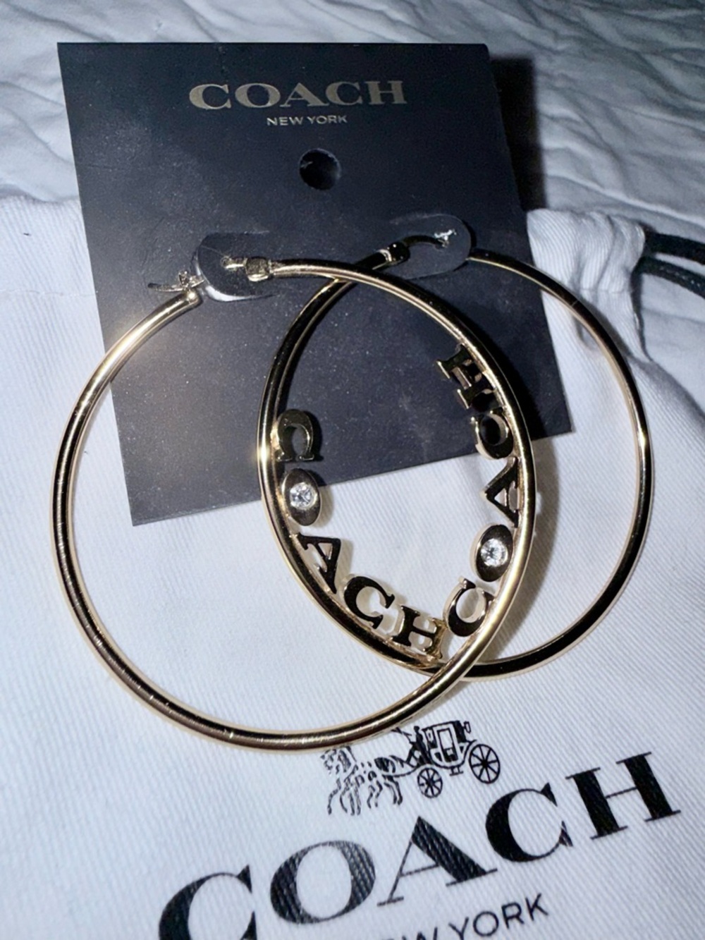 Coach Gold-Tone Hoop Earrings with Logo and Crystal Accents - Picture 2 of 4